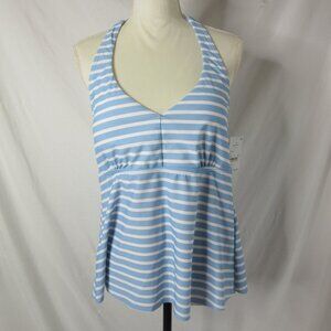 Lands' End Tankini Top Swim Suit Blue White Stripes Halter Size Medium NWT